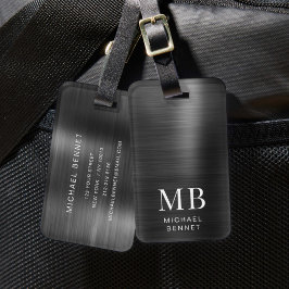 Etiqueta Para Maletas Monograma Elegante Negro Metálico Bruñido