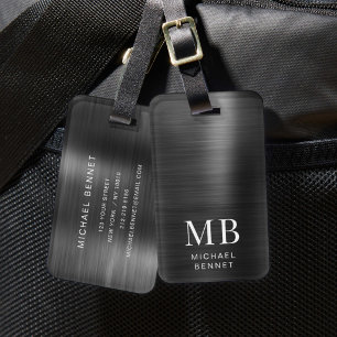 Etiqueta Para Maletas Monograma Elegante Negro Metálico Bruñido