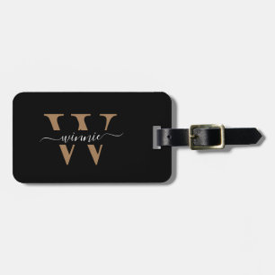Etiqueta Para Maletas Monograma Elegante Nombre de Oro Negro Elegante