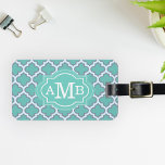 Etiqueta Para Maletas Monograma elegante Verde azulado del patrón de cua<br><div class="desc">Añada su monograma para hacer su propio producto único.</div>