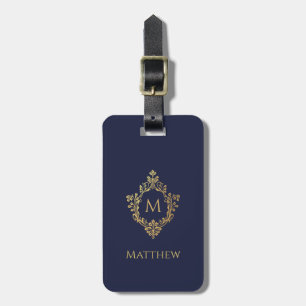 Etiqueta Para Maletas Monograma en Cresta Azul Marino Elegante Hoja de O