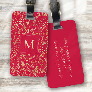 Etiqueta Para Maletas Monograma Festividad del Patrón Red Gold Leaf de l