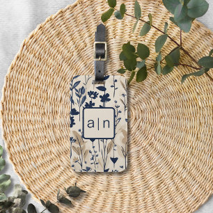 Etiqueta Para Maletas Monograma Floral azul moderno