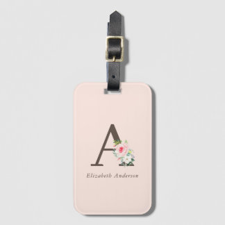 Etiqueta Para Maletas Monograma floral de acuarela rosa