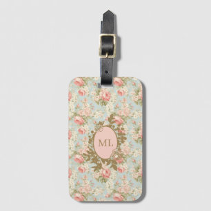 Etiqueta Para Maletas Monograma floral de rosas rosadas vintage Shabby C