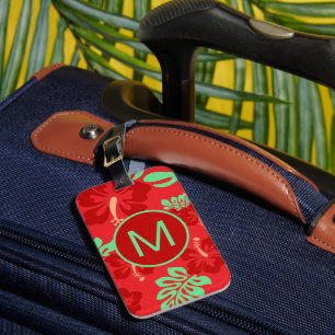 Etiqueta Para Maletas Monograma floral trópico rojo y verde hibiscus