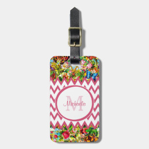 Etiqueta Para Maletas Monograma floral y nombre Chevron del vintage