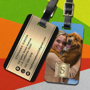 Etiqueta Para Maletas Monograma, Foto Personalizada Negro y Oro de Lujo