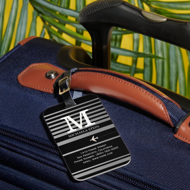 Etiqueta Para Maletas Monograma franco blanco y negro (Anverso In situ 1)