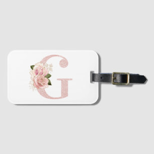 Etiqueta Para Maletas Monograma G Rosa Pálido Dorado Glitter Floral Feme