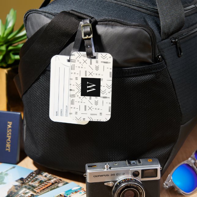 Etiqueta Para Maletas Monograma Geométrico Moderno Gorgeo Blanco Negro (Anverso & Reverso)