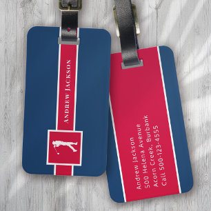 Etiqueta Para Maletas Monograma Golfer personalizado azul rojo