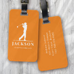Etiqueta Para Maletas Monograma Golfer personalizado naranja<br><div class="desc">Este diseño cuenta con un balancín de golf en un club y tiene dos campos de texto que se pueden usar para personalizarlo,  tal vez con un nombre y un equipo de golf o club.</div>