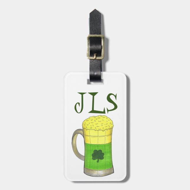 Etiqueta Para Maletas Monograma Green Foamy Beer Lucky Irish Shamrock (Frente Vertical)
