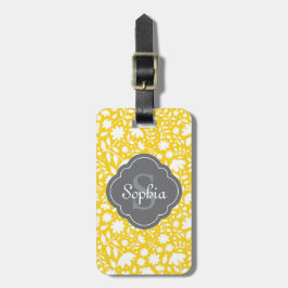 Etiqueta Para Maletas Monograma gris Quatrefol Patrón floral amarillo