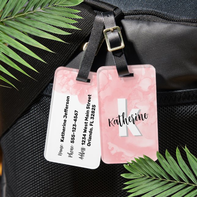 Etiqueta Para Maletas Monograma Inicial con Acuarela Rosa (Cute Pink Watercolor Initial Monogram Luggage Tag)
