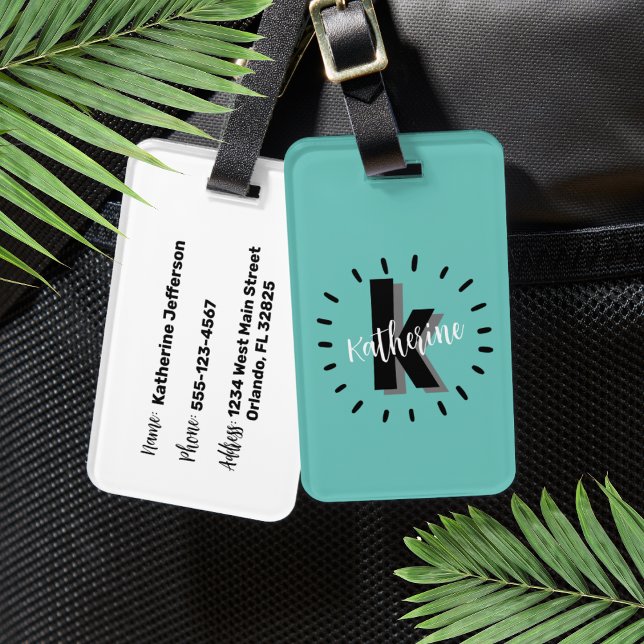 Etiqueta Para Maletas Monograma inicial simple de moda (Chic Simple Turquoise Initial Monogram Luggage Tag)