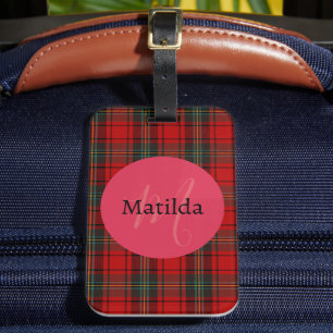 Etiqueta Para Maletas Monograma Inicial Tartán Rojo Texto Personalizado