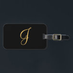 Etiqueta Para Maletas Monograma J, J inicial de color dorado sobre negro<br><div class="desc">Monograma oro inicial J sobre fondo negro</div>