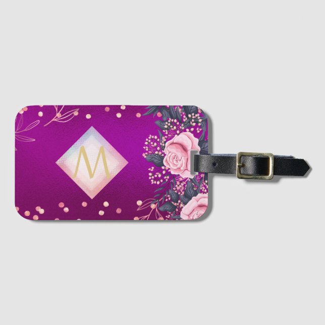 Etiqueta Para Maletas Monograma Magenta Rosegold Purpurina metálico rosa (Anverso horizontal)