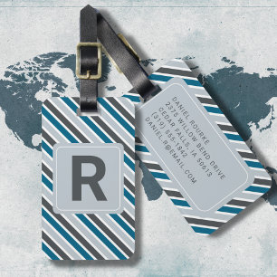 Etiqueta Para Maletas Monograma Masculino Moderno Rayos Azul Gris Viaje