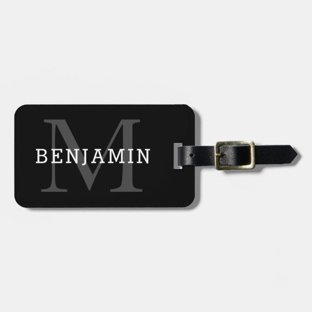 Etiqueta Para Maletas Monograma masculino y negro elegante (Frente Horizontal)