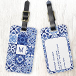 Etiqueta Para Maletas Monograma Mediterráneo Blue Tile Watercolor<br><div class="desc">Monograma personalizado de color azul y blanco índigo,  patrón de mosaico mediterráneo inicial en acuarela. Arte original de Nic Squirrell. Cambie el monograma inicial en la parte delantera y los detalles en la inversa a personalizar.</div>