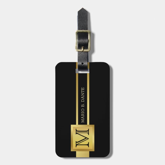 Etiqueta Para Maletas Monograma Metalizado Masculino Ejecutivo Negro y P (Frente Vertical)