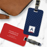 Etiqueta Para Maletas Monograma Moda Cinta roja Polka Dot Azul<br><div class="desc">Viaja con estilo con esta etiqueta de equipaje de moda monograma que presenta un cuadrado azul bordeado con una cinta roja contra un patrón de puntos polka azul y blanco. Personalízalo reemplazando el texto del marcador de posición. Para obtener más opciones, como cambiar el tipo de letra y su tamaño/color...</div>