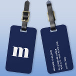 Etiqueta Para Maletas Monograma moderno azul marino inicial<br><div class="desc">Moderna tipografía de funda inferior diseño minimalista monograma inicial que se puede cambiar para personalizar,  junto con los detalles al revés. Blanco sobre un fondo azul marino.</div>