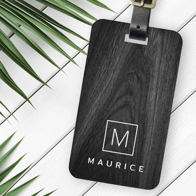 Etiqueta Para Maletas Monograma moderno elegante nombre inicial madera n (Modern elegant monogram initial name black wood luggage tag)