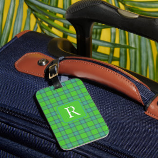 Etiqueta Para Maletas Monograma moderno elegante verde y azul a cuadros