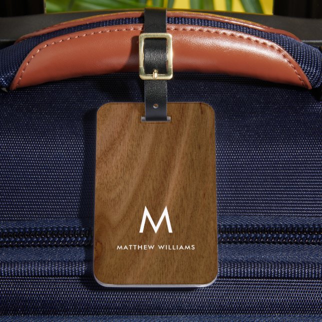 Etiqueta Para Maletas Monograma moderno Faux Wood (Anverso In situ 2)
