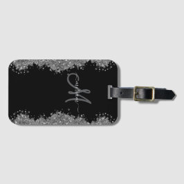 Etiqueta Para Maletas Monograma moderno gris plata falso brillo negro