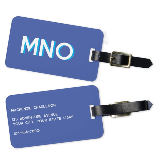 Etiqueta Para Maletas Monograma moderno inicial (Simple personalized monogram drop shadow blue luggage tag)