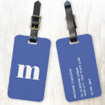 Etiqueta Para Maletas Monograma moderno inicial<br><div class="desc">Moderna tipografía de funda inferior diseño minimalista monograma inicial que se puede cambiar para personalizar,  junto con los detalles al revés. Blanco sobre un fondo azul.</div>