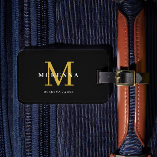 Etiqueta Para Maletas Monograma moderno negro y dorado monogramado elega