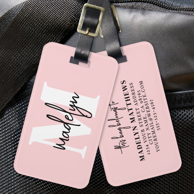 Etiqueta Para Maletas Monograma moderno Rubor rosa (Modern Girly Blush Pink Monogram Name Luggage Tag)