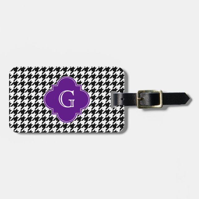 Etiqueta Para Maletas Monograma morado de cuatrefoil blanco negro (Frente Horizontal)