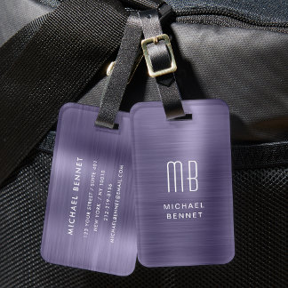 Etiqueta Para Maletas Monograma Morado Elegante Metal Brusado