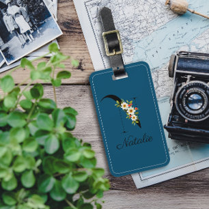 Etiqueta Para Maletas Monograma N color cobalto flor marca de equipaje