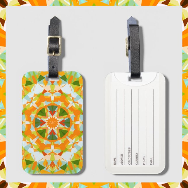 Etiqueta Para Maletas Monograma Naranja brillante Estrella Mágica Verde  (Custom Monogram Bright Orange & Green Star Luggage Tag. Front and Back View.)