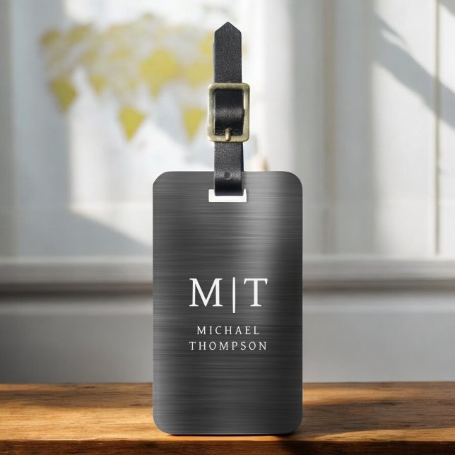 Etiqueta Para Maletas Monograma negro cepillado metálico elegante (Subido por el creador)