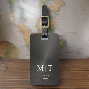 Etiqueta Para Maletas Monograma negro cepillado metálico elegante