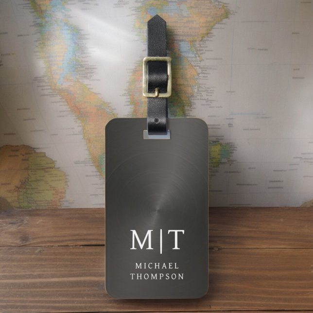 Etiqueta Para Maletas Monograma negro cepillado metálico elegante (Subido por el creador)