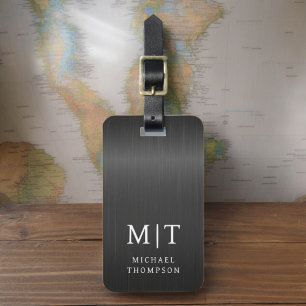 Etiqueta Para Maletas Monograma negro cepillado metálico elegante