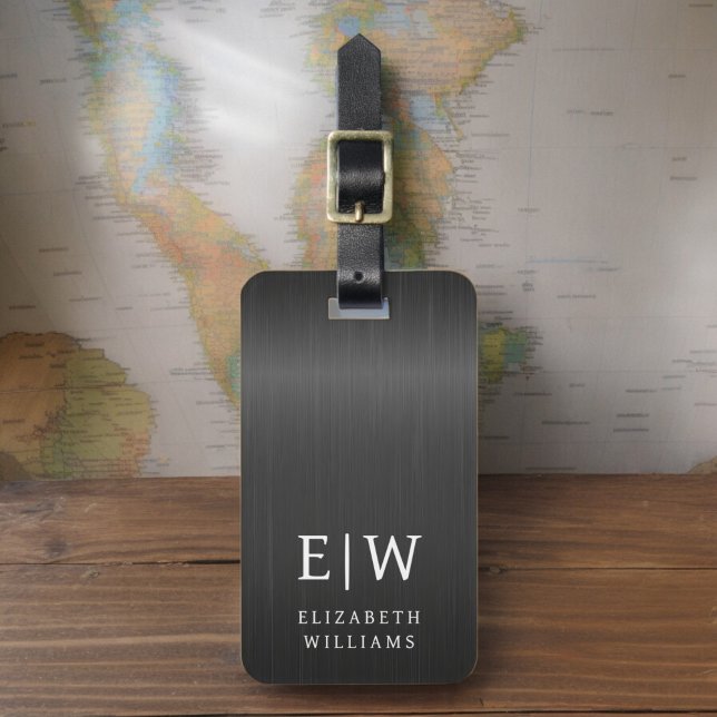 Etiqueta Para Maletas Monograma negro cepillado metálico elegante (Subido por el creador)