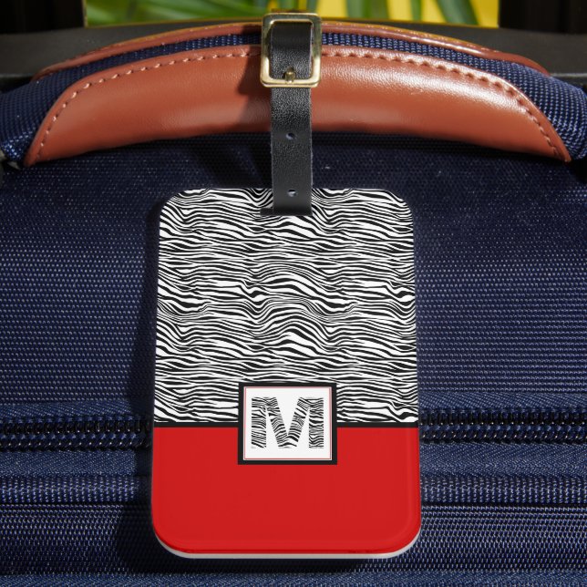 Etiqueta Para Maletas Monograma negro de cebra 🦓 blanco y rojo (Anverso In situ 2)