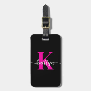 Etiqueta Para Maletas Monograma negro de rosa caliente
