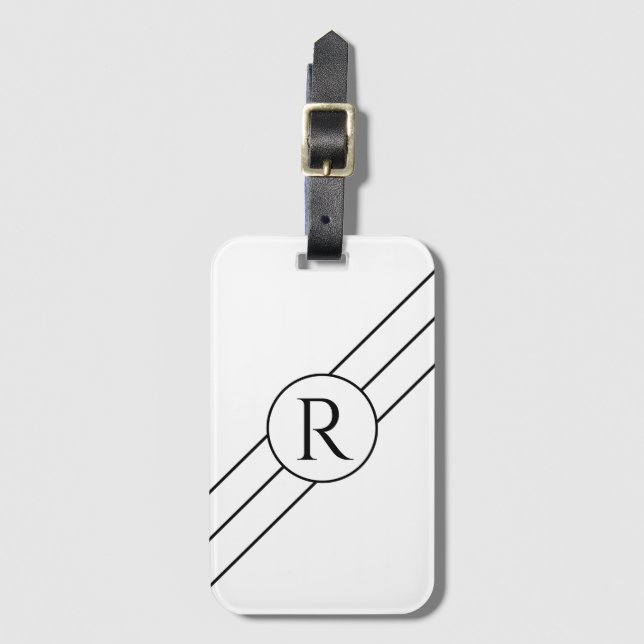 Etiqueta Para Maletas Monograma negro DIY en círculo, líneas diagonales  (Anverso vertical)